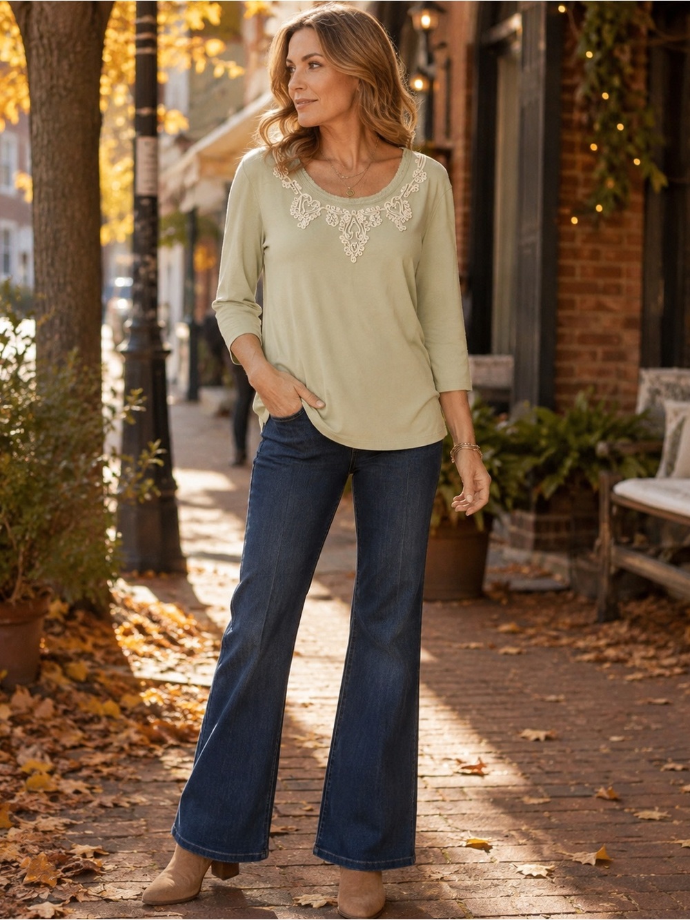 Coldwater Creek L Sage Green Embroidered Soutache 3/4 Sleeve Boho Top
